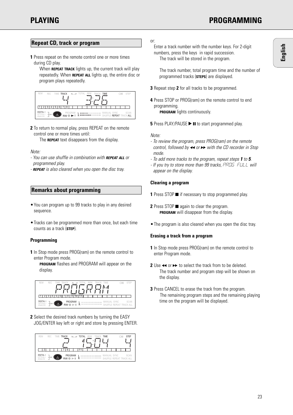 Playing programming, English, Remarks about programming | Repeat cd, track or program, Or programmed play | Philips CDR570BK User Manual | Page 22 / 26