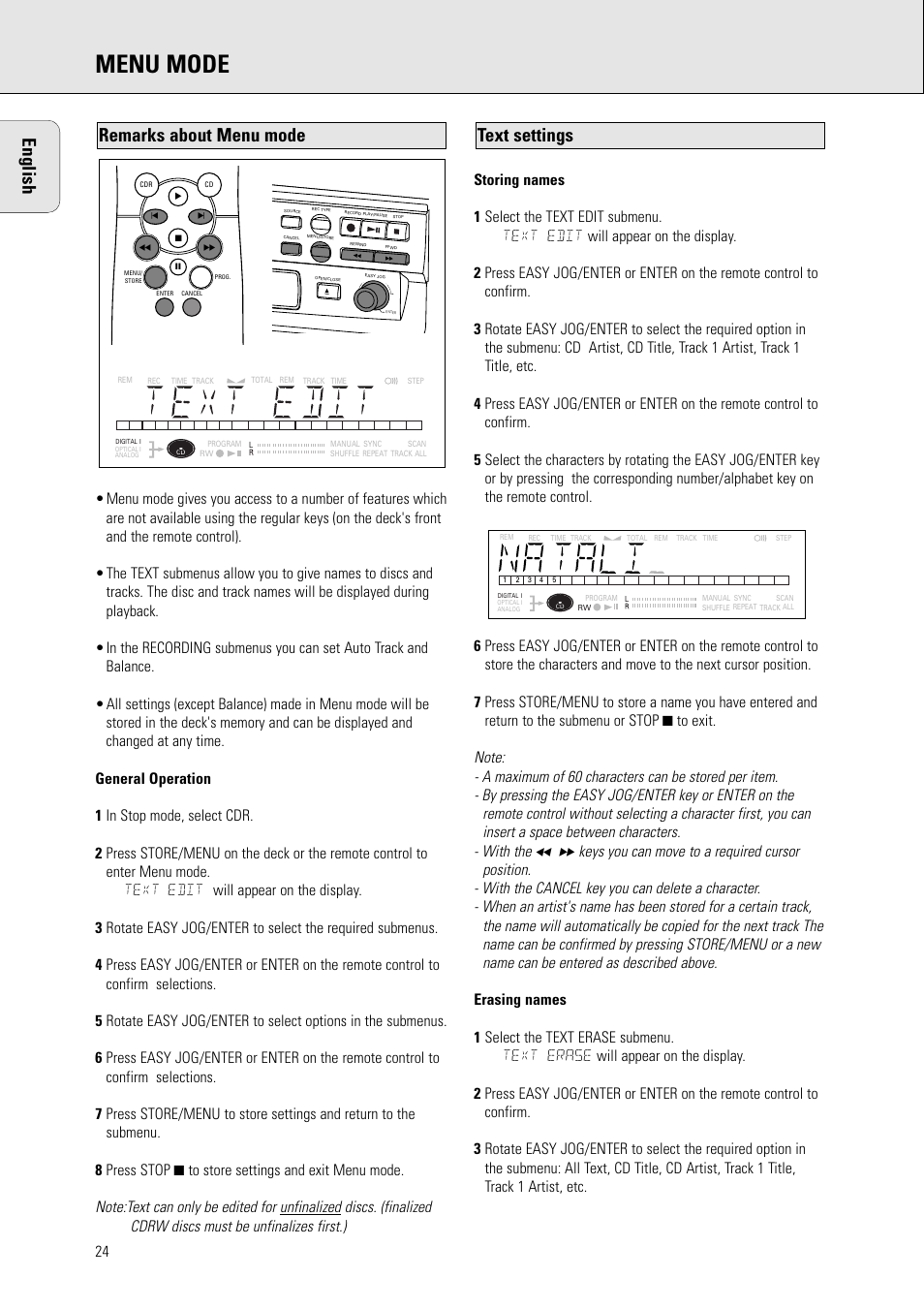 Menu mode, English, Text settings | Remarks about menu mode | Philips CDR570BK User Manual | Page 23 / 26