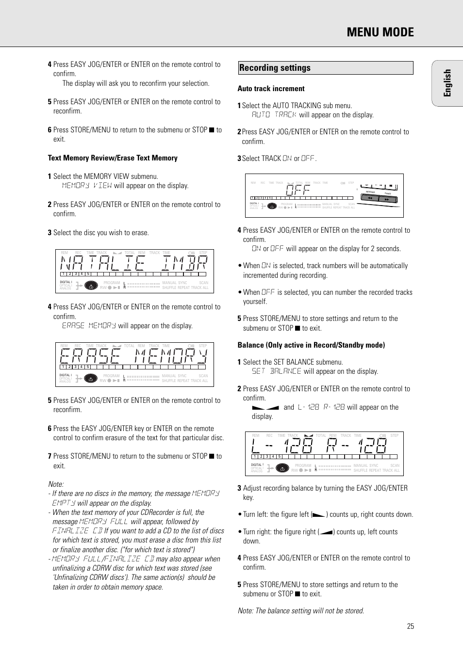 Menu mode, English, Recording settings | Philips CDR570BK User Manual | Page 24 / 26