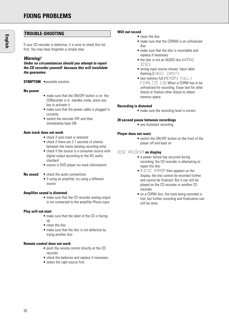 Fixing problems | Philips CDR570BK User Manual | Page 25 / 26