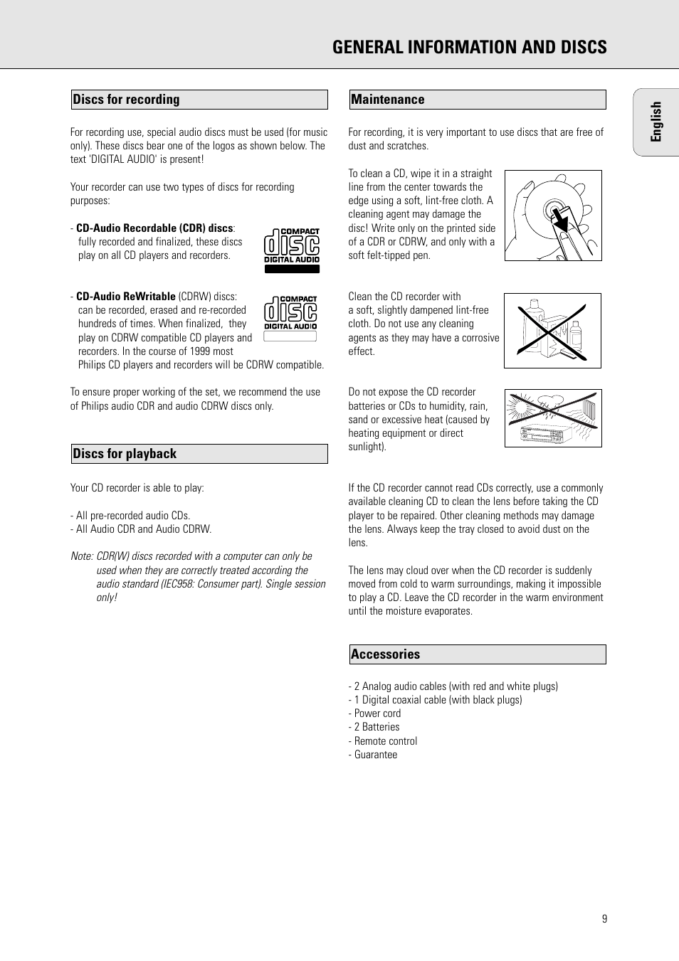 General information and discs, English, Accessories | Maintenance discs for playback, Discs for recording | Philips CDR570BK User Manual | Page 8 / 26