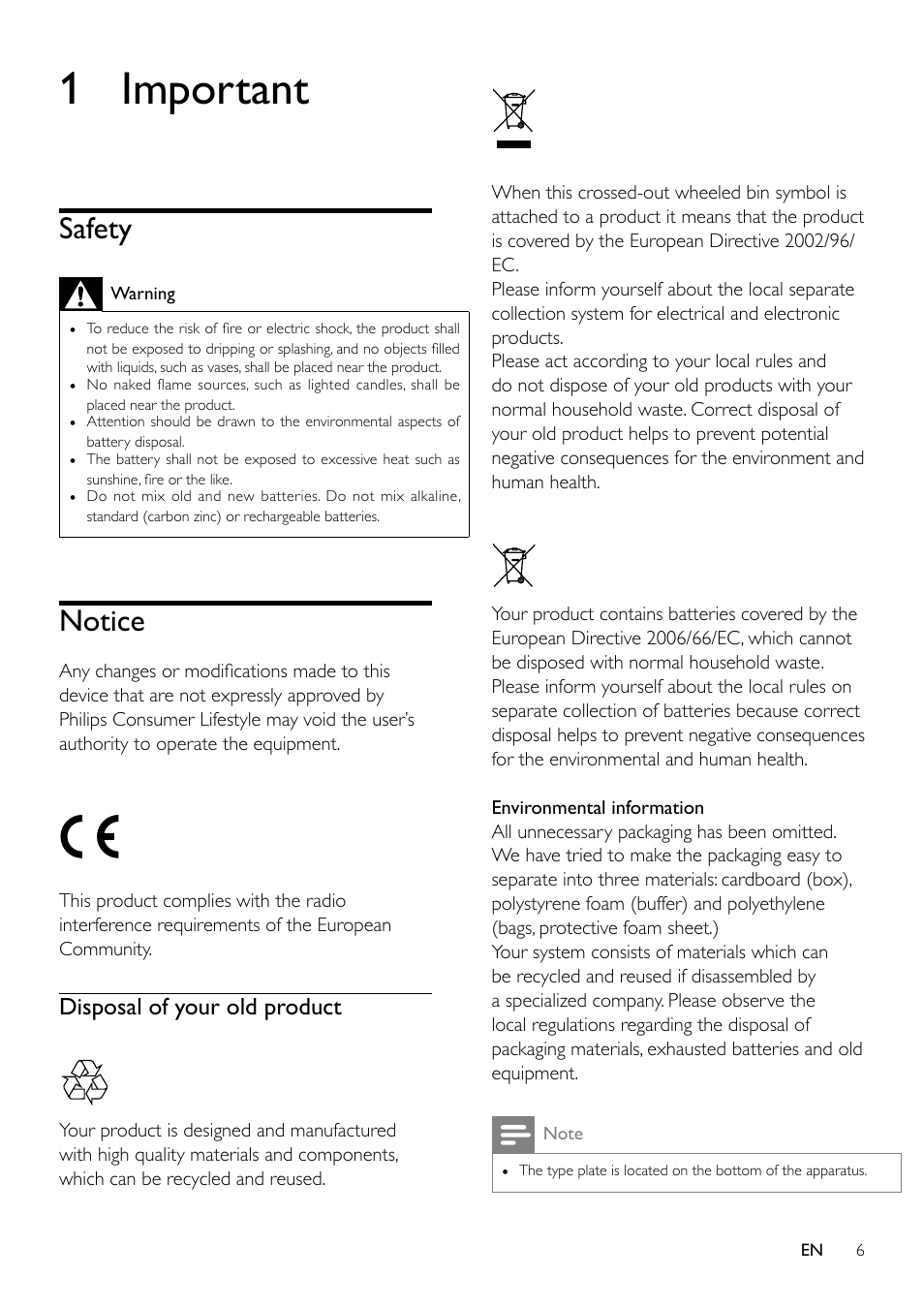 1 important, Safety, Notice | Philips SBA1610PNK-00 User Manual | Page 6 / 10