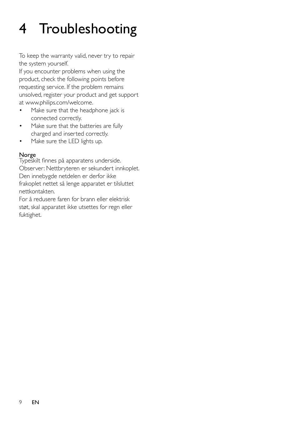 2 your portable speaker, 4 troubleshooting | Philips SBA1610PNK-00 User Manual | Page 9 / 10