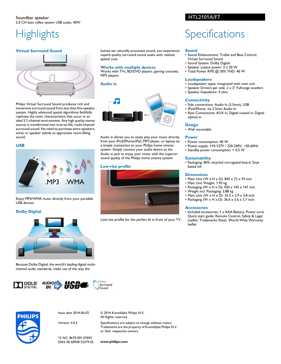 Highlights, Specifications | Philips HTL2101A-F7 User Manual | Page 2 / 2