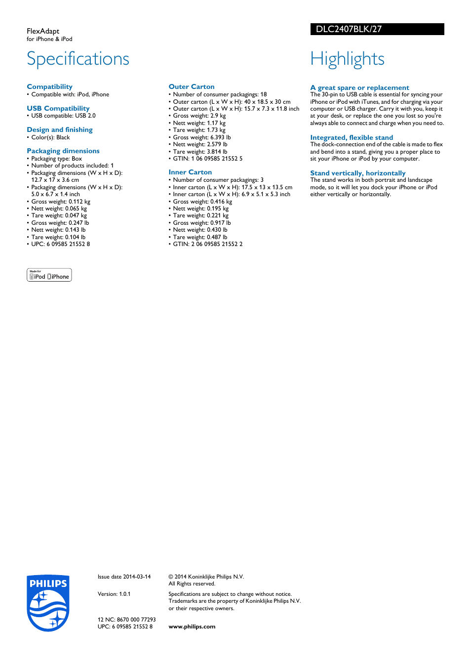 Specifications, Highlights | Philips FlexAdapt DLC2407BLK for iPhone & iPod User Manual | Page 2 / 2