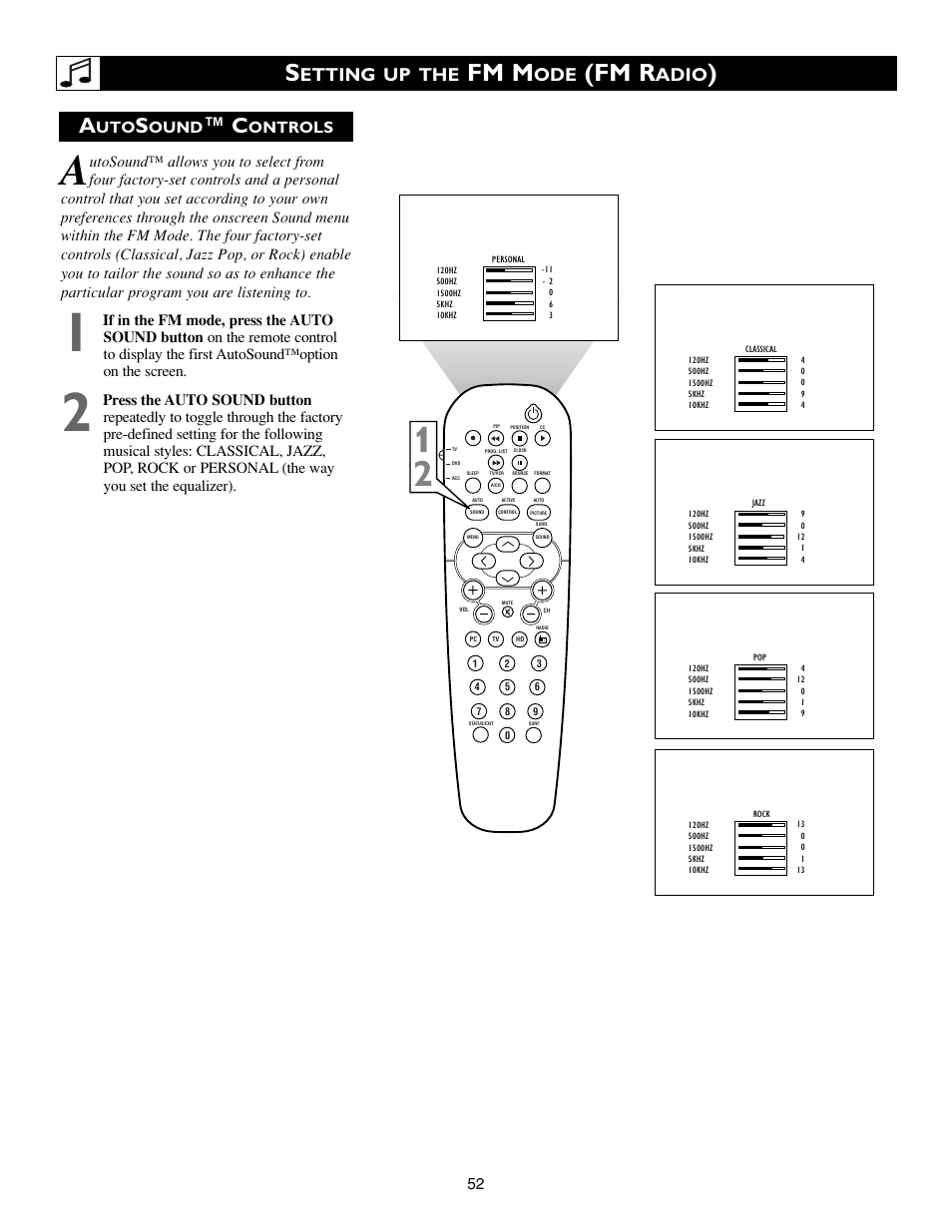 Fm m, Fm r, Etting up the | Adio, Ound, Ontrols | Philips 15PF9945-37 User Manual | Page 52 / 64