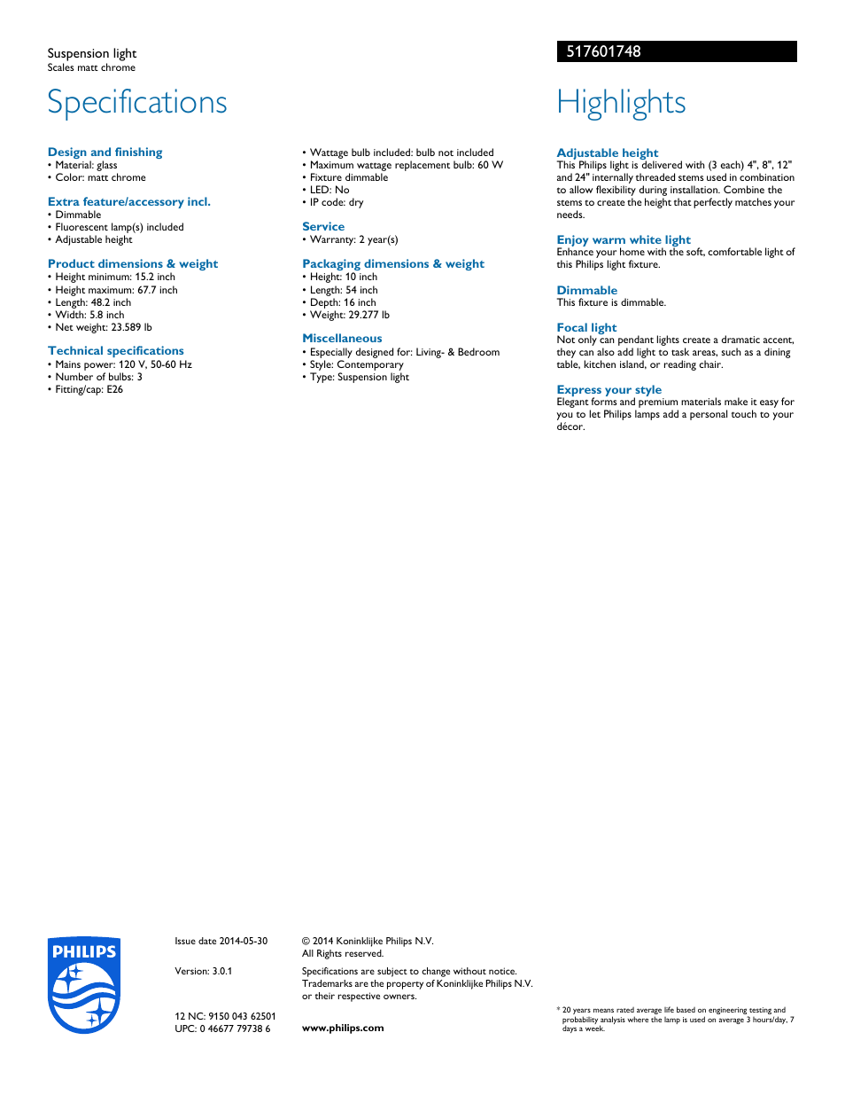 Specifications, Highlights | Philips 517601748 User Manual | Page 2 / 2