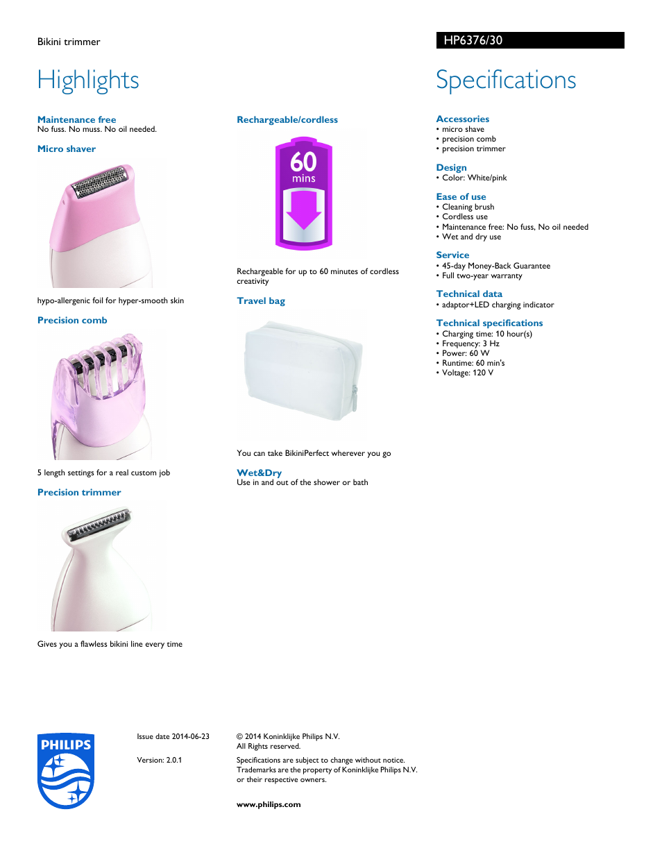 Highlights, Specifications | Philips HP6376-30 User Manual | Page 2 / 2