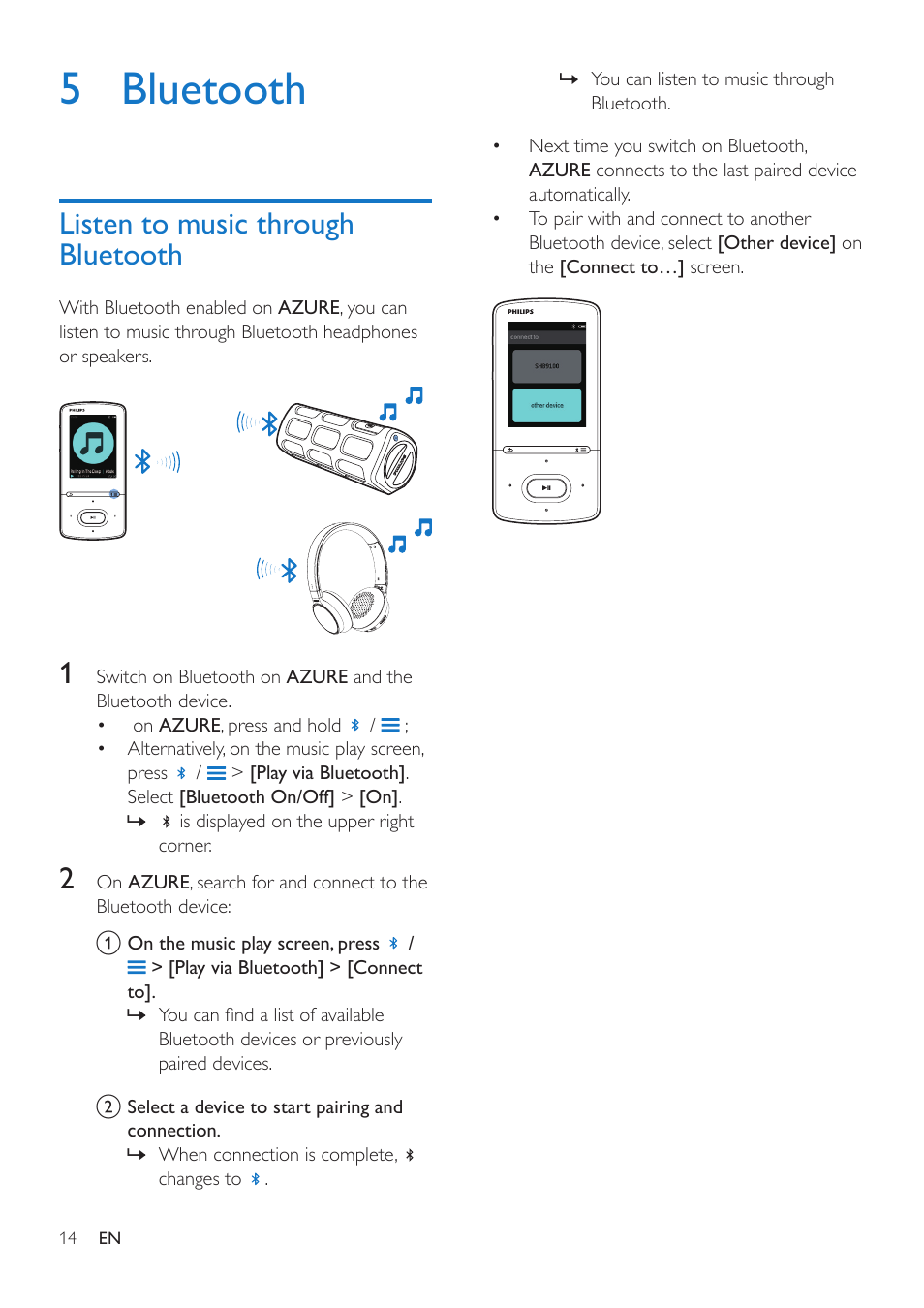 5 bluetooth, Listen to music through bluetooth | Philips GoGEAR MP4 player SA5AZU16KF 16GB* User Manual | Page 16 / 34