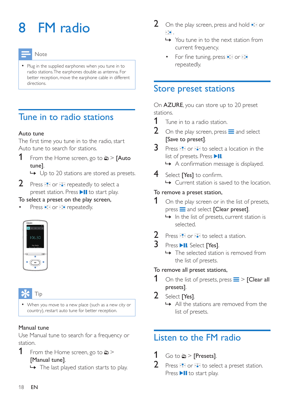 8 fm radio, Tune in to radio stations, Store preset stations | Listen to the fm radio, Listen to the fm radio 1 | Philips GoGEAR MP4 player SA5AZU16KF 16GB* User Manual | Page 20 / 34