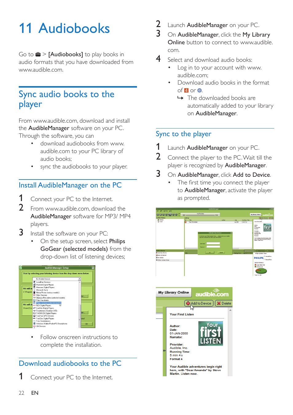 11 audiobooks, Sync audio books to the player, Install audiblemanager on the pc | Download audiobooks to the pc, Sync to the player | Philips GoGEAR MP4 player SA5AZU16KF 16GB* User Manual | Page 24 / 34