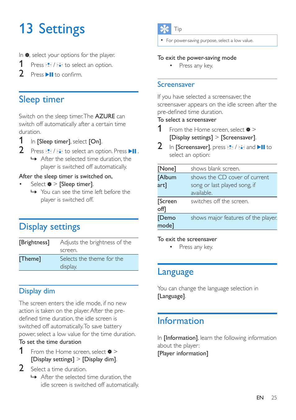 13 settings, Sleep timer, Display settings | Display dim, Screensaver, Language, Information, Screensaver 25, Language 25, Information 25 | Philips GoGEAR MP4 player SA5AZU16KF 16GB* User Manual | Page 27 / 34