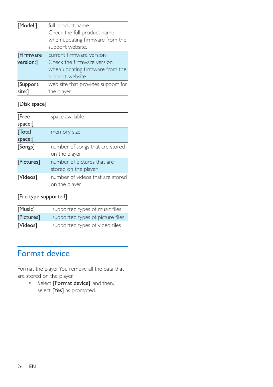 Format device | Philips GoGEAR MP4 player SA5AZU16KF 16GB* User Manual | Page 28 / 34