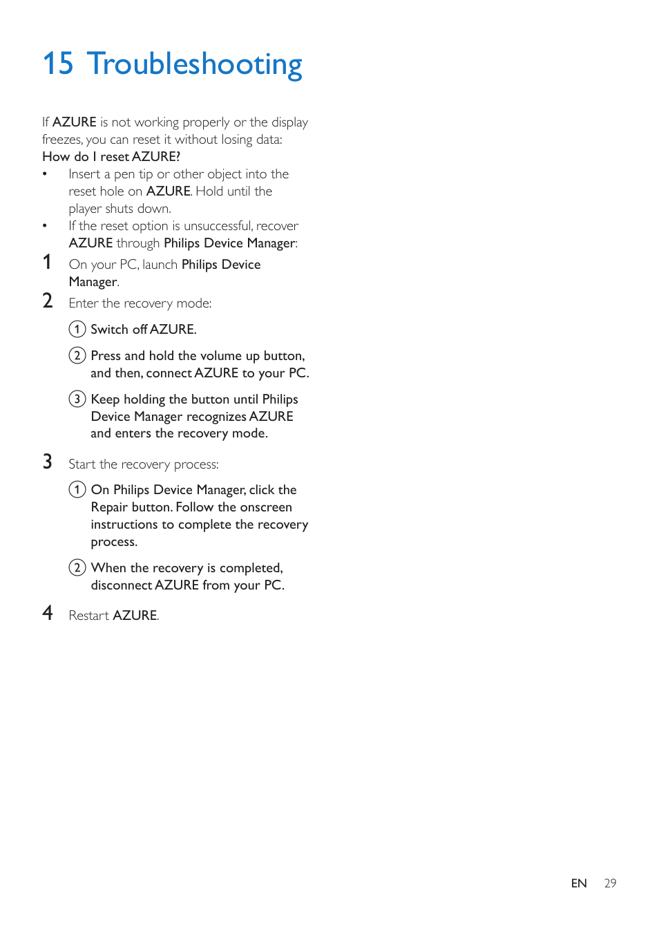 15 troubleshooting | Philips GoGEAR MP4 player SA5AZU16KF 16GB* User Manual | Page 31 / 34