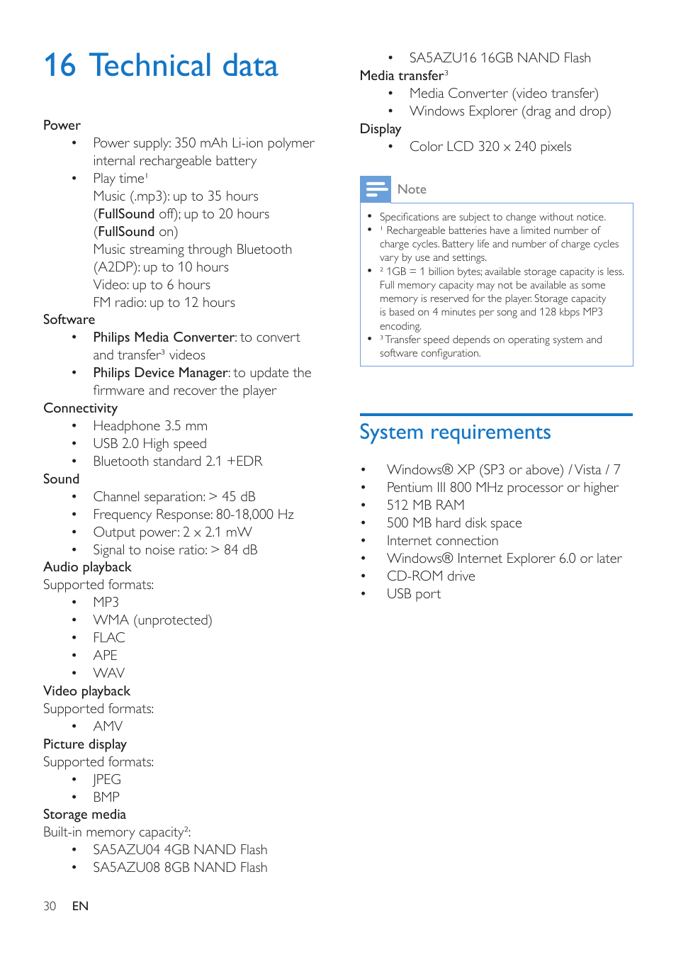 16 technical data, System requirements | Philips GoGEAR MP4 player SA5AZU16KF 16GB* User Manual | Page 32 / 34