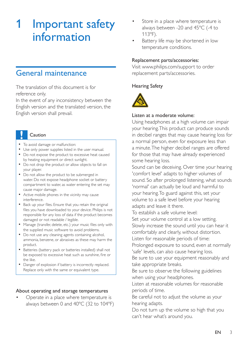 1 important safety information, General maintenance | Philips GoGEAR MP4 player SA5AZU16KF 16GB* User Manual | Page 5 / 34