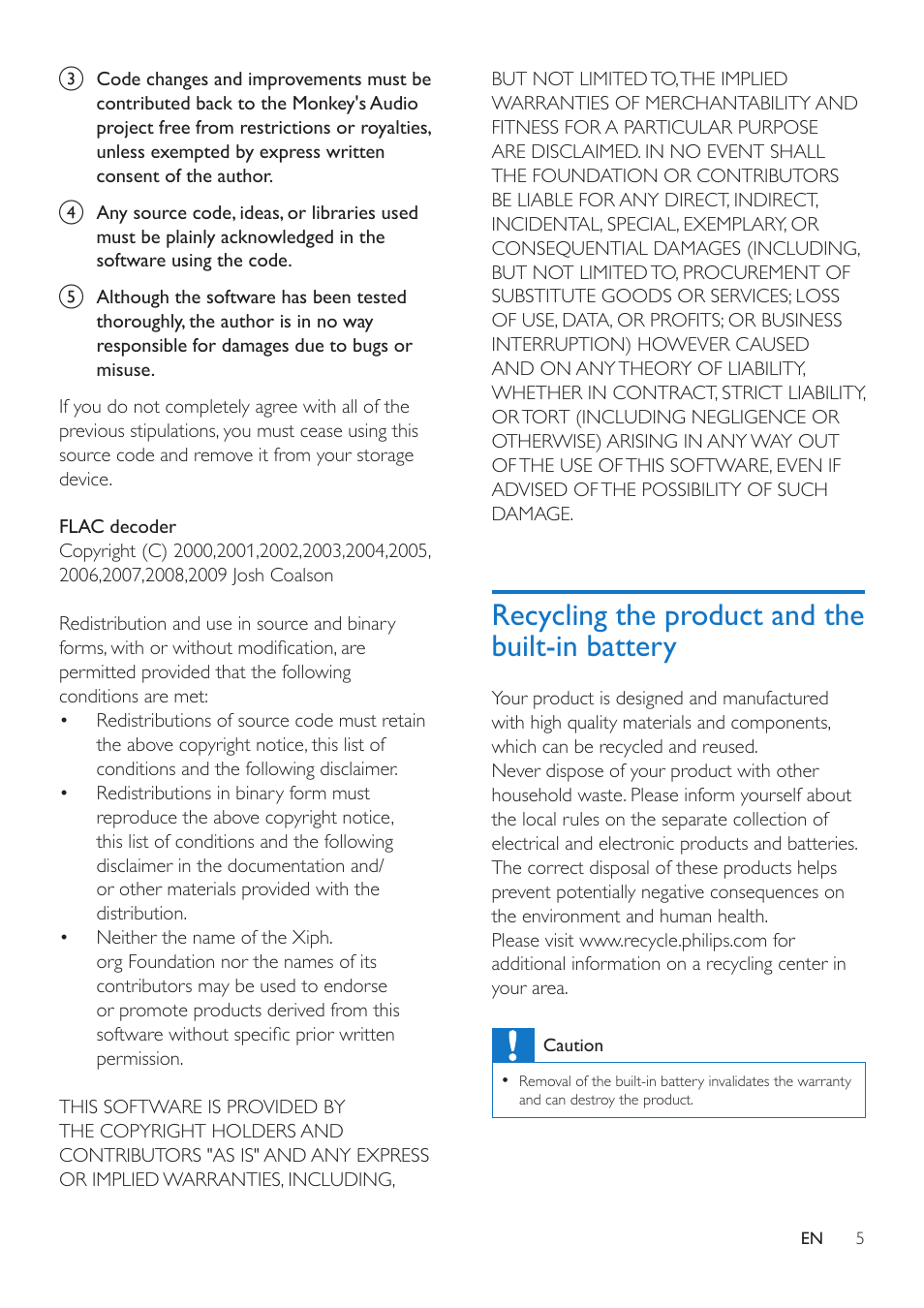 Recycling the product and the built-in battery, Recycling the product and the built-in, Battery 5 | Philips GoGEAR MP4 player SA5AZU16KF 16GB* User Manual | Page 7 / 34