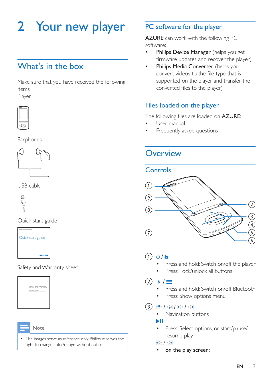 2 your new player, What's in the box, Pc software for the player | Files loaded on the player, Overview, Controls, Overview 7, Controls 7 | Philips GoGEAR MP4 player SA5AZU16KF 16GB* User Manual | Page 9 / 34