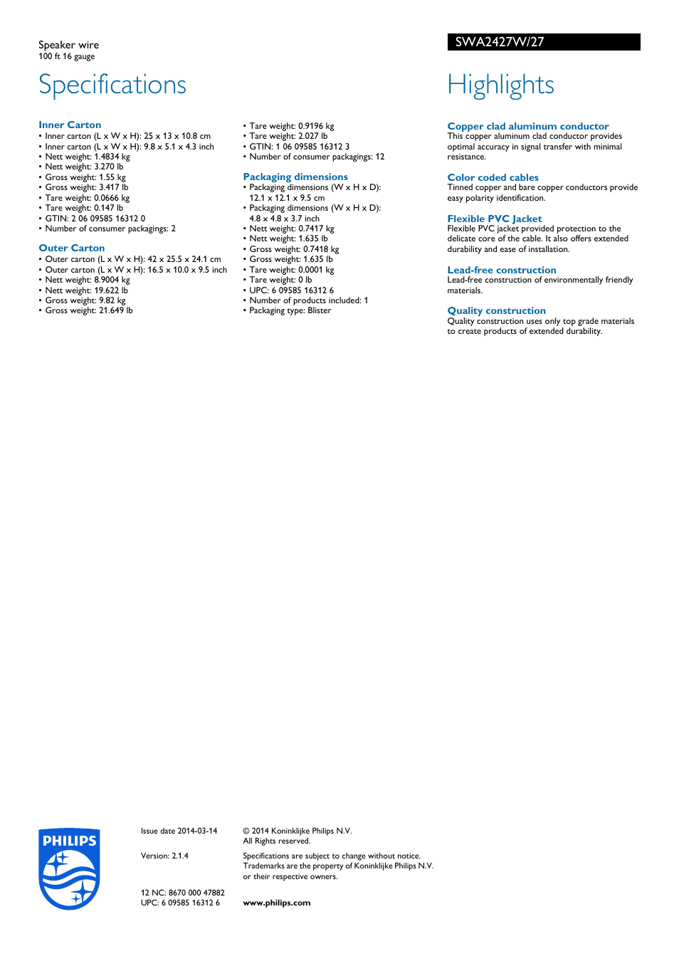 Specifications, Highlights | Philips SWA2427W-27 User Manual | Page 2 / 2