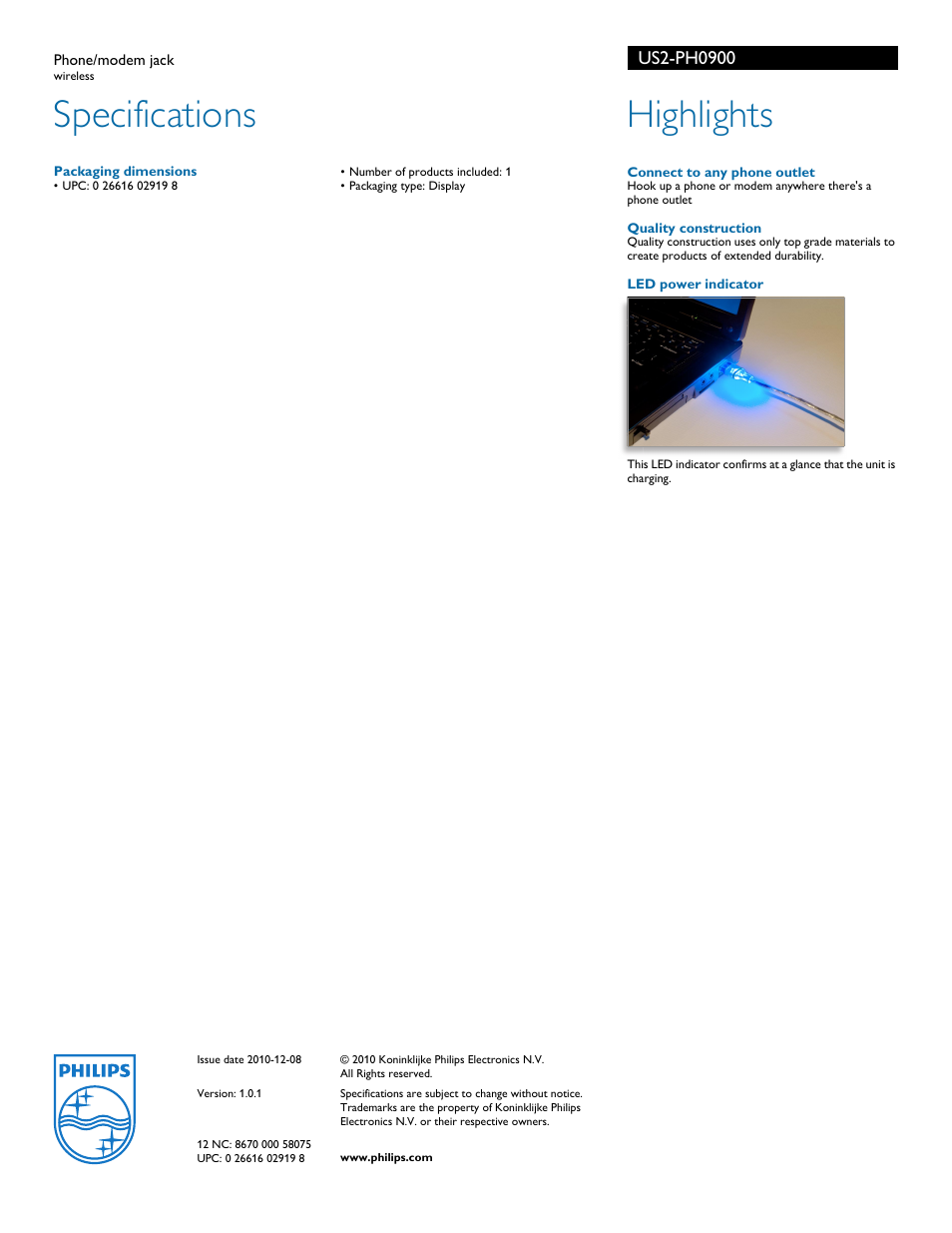 Specifications, Highlights | Philips US2-PH0900 User Manual | Page 2 / 2