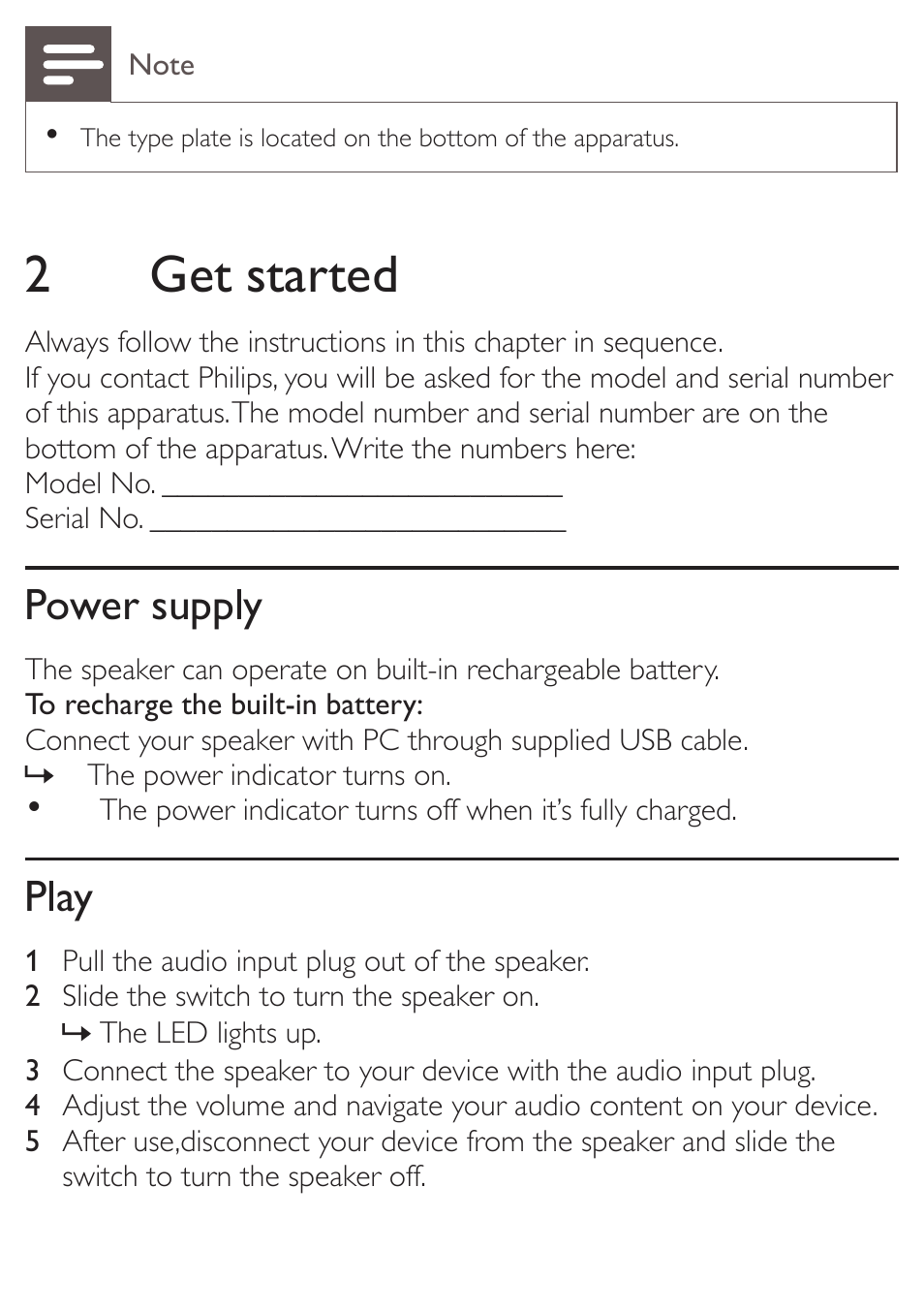 2get started, Power supply, Play | Philips SBA3010GRN-37 User Manual | Page 10 / 14