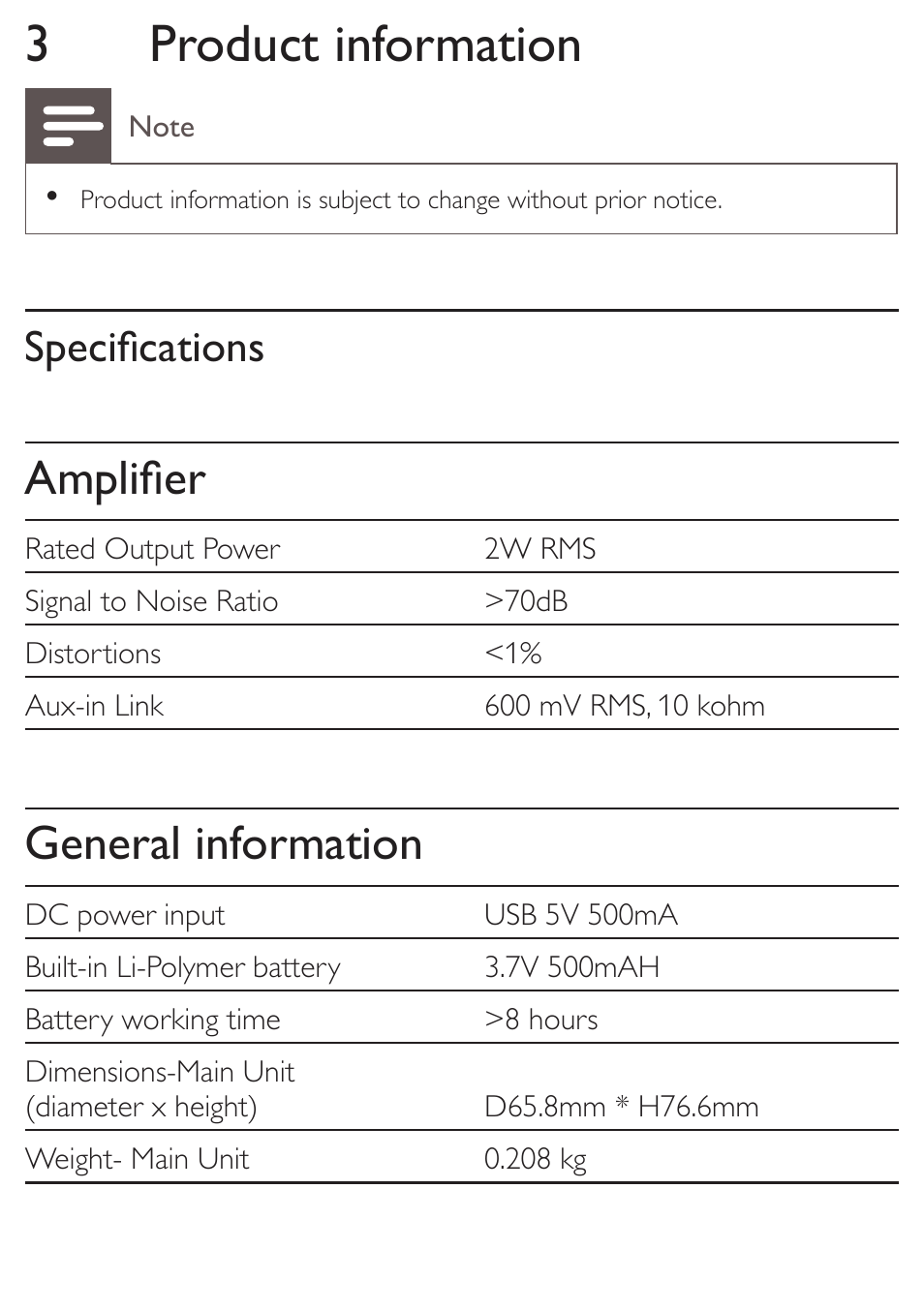 3product information, Amplifier, General information | Specifications | Philips SBA3010GRN-37 User Manual | Page 11 / 14