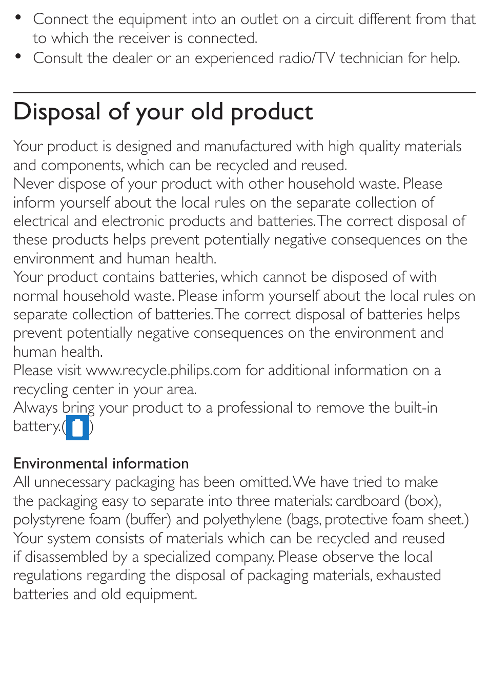 Disposal of your old product | Philips SBA3010GRN-37 User Manual | Page 9 / 14