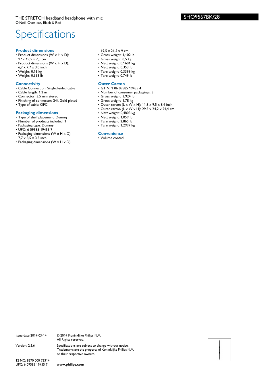 Specifications | Philips SHO9567BK-28 User Manual | Page 3 / 3
