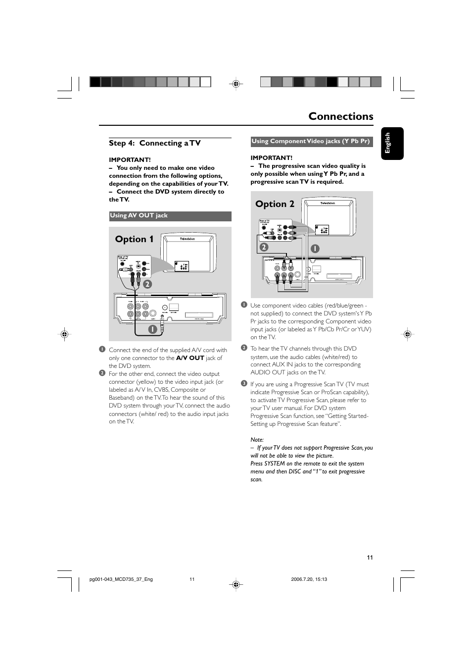 Connections, Option 2 option 1 | Philips MCD735-37B User Manual | Page 11 / 43