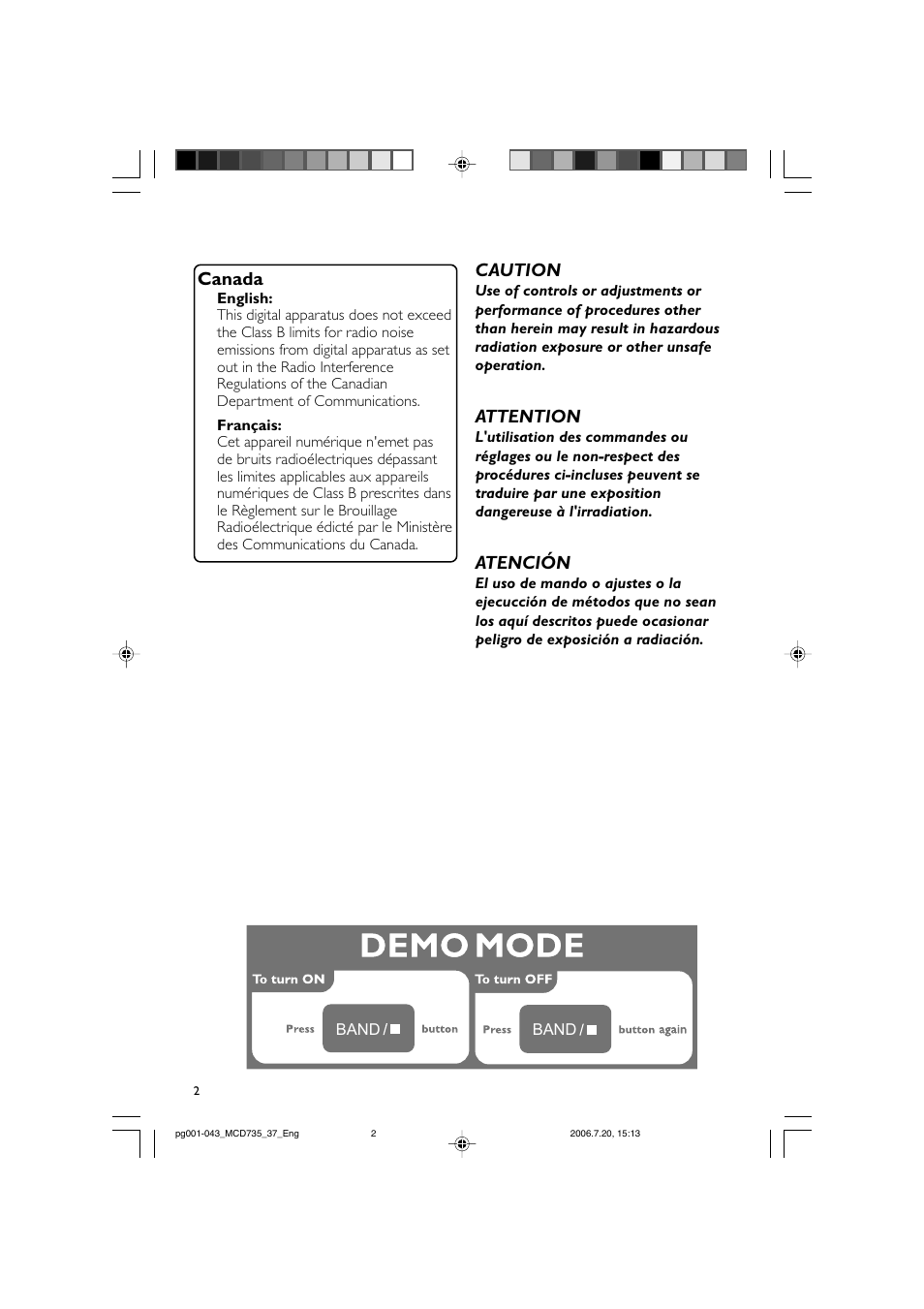 Canada, Caution, Attention | Atención | Philips MCD735-37B User Manual | Page 2 / 43