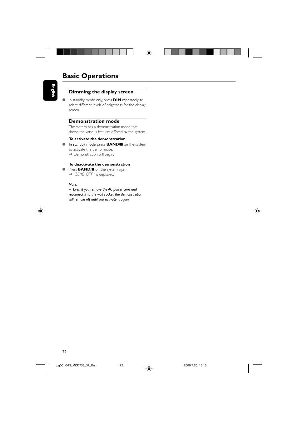 Basic operations, Dimming the display screen, Demonstration mode | Philips MCD735-37B User Manual | Page 22 / 43