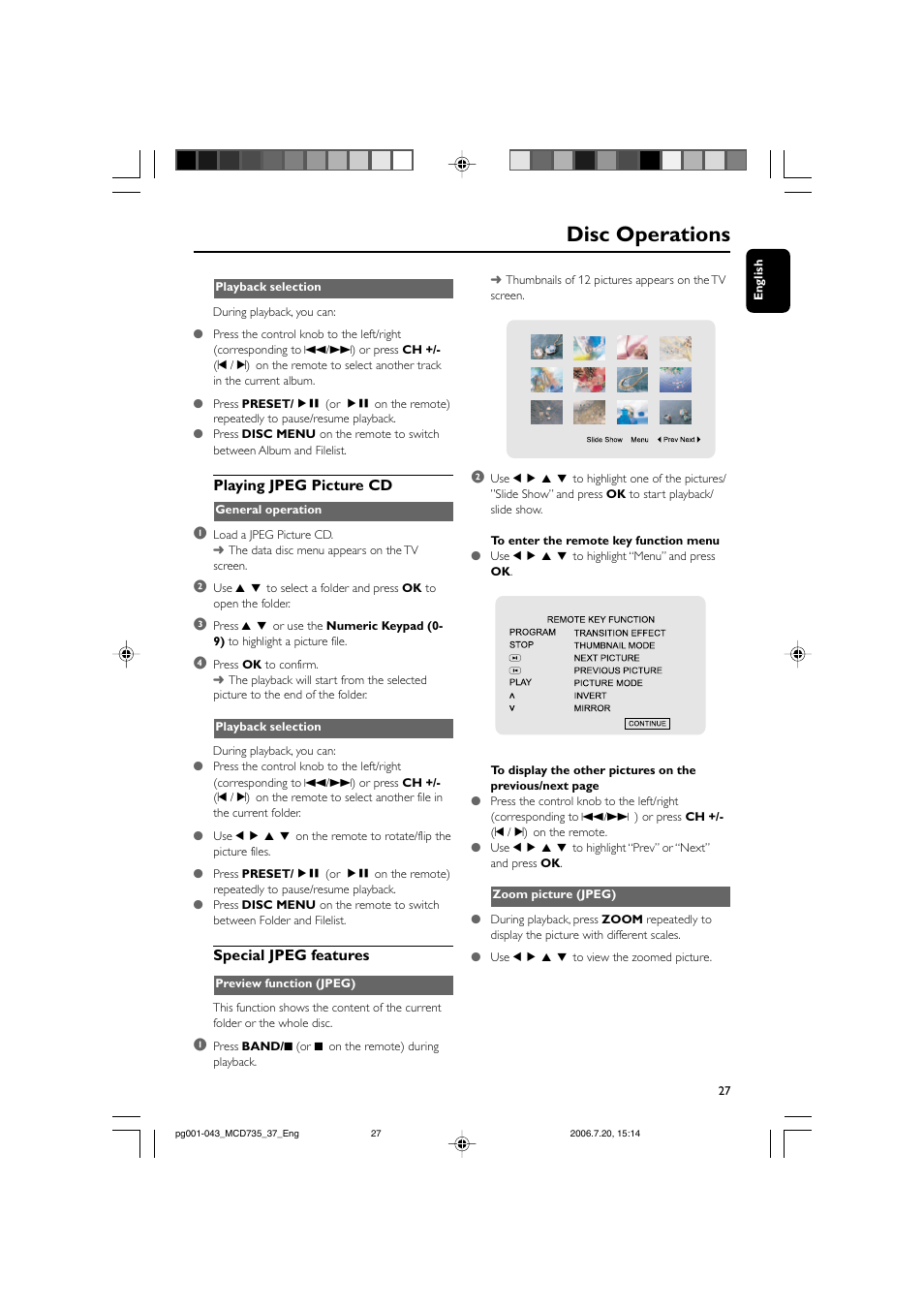Disc operations, Playing jpeg picture cd, Special jpeg features | Philips MCD735-37B User Manual | Page 27 / 43
