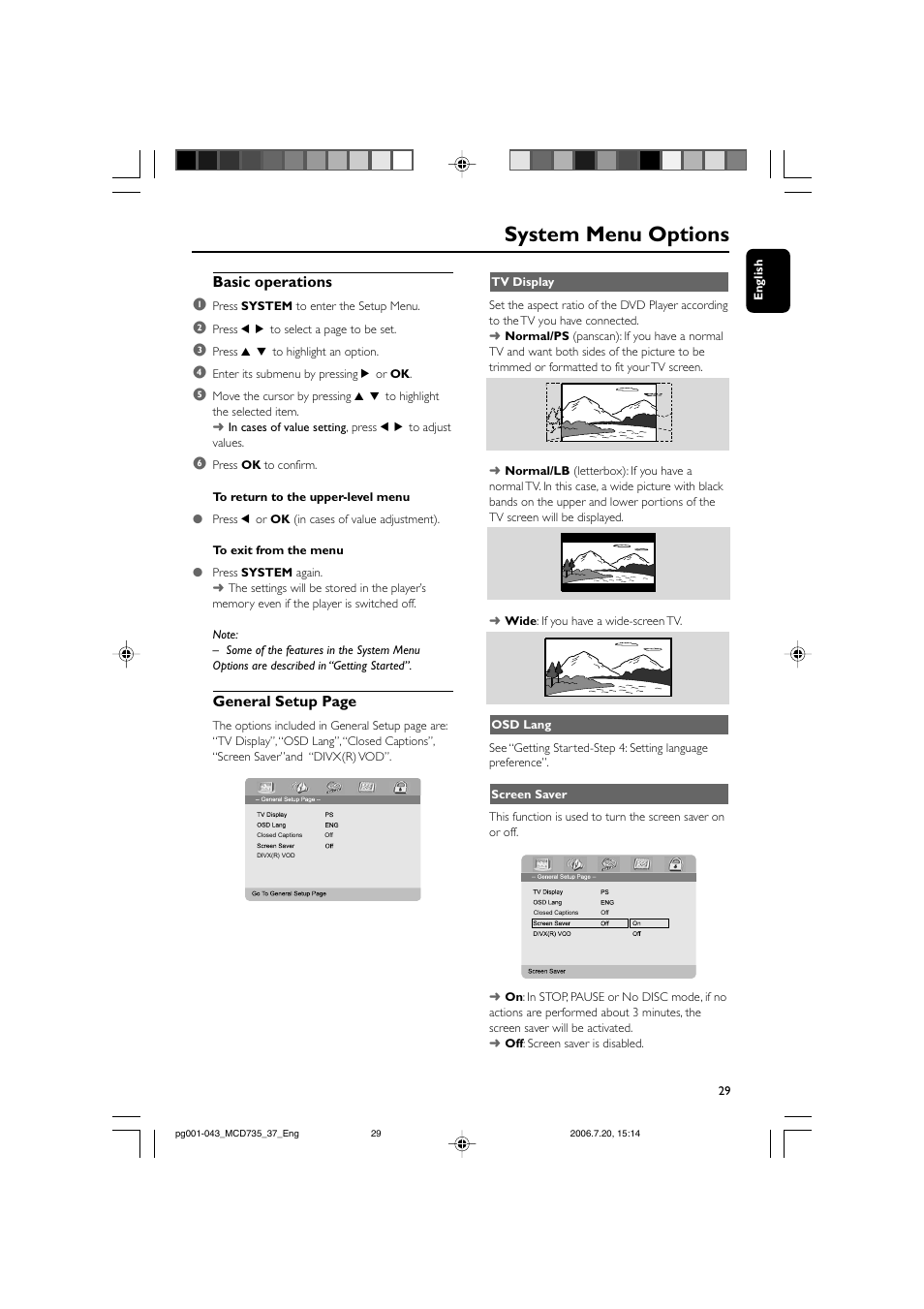 System menu options, Basic operations 1, General setup page | Philips MCD735-37B User Manual | Page 29 / 43