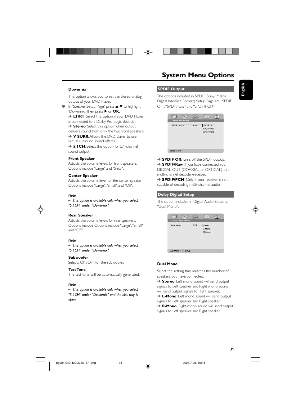 System menu options | Philips MCD735-37B User Manual | Page 31 / 43