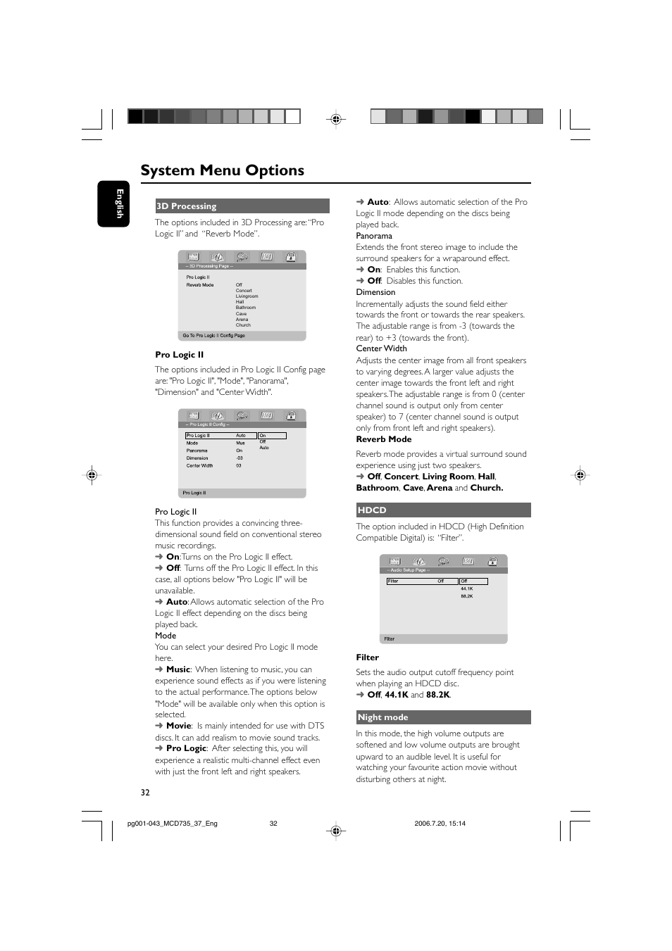 System menu options | Philips MCD735-37B User Manual | Page 32 / 43