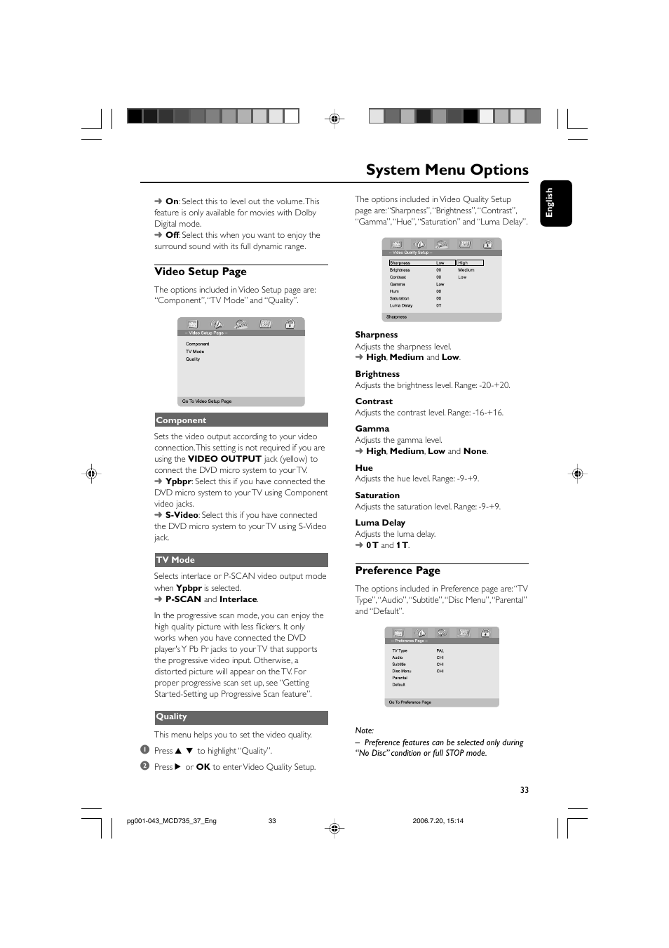 System menu options, Video setup page, Preference page | Philips MCD735-37B User Manual | Page 33 / 43