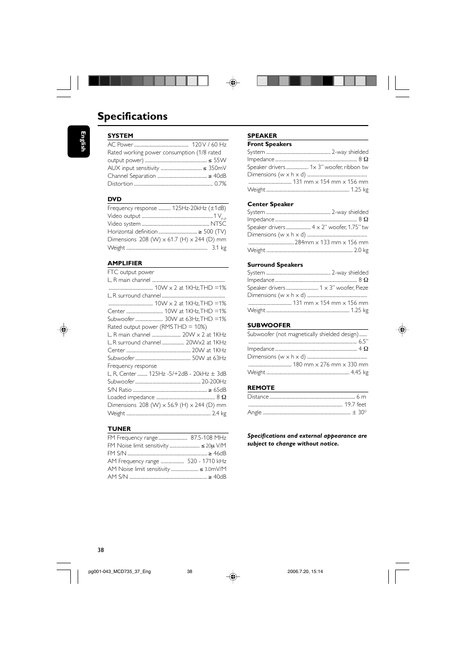 Specifications | Philips MCD735-37B User Manual | Page 38 / 43