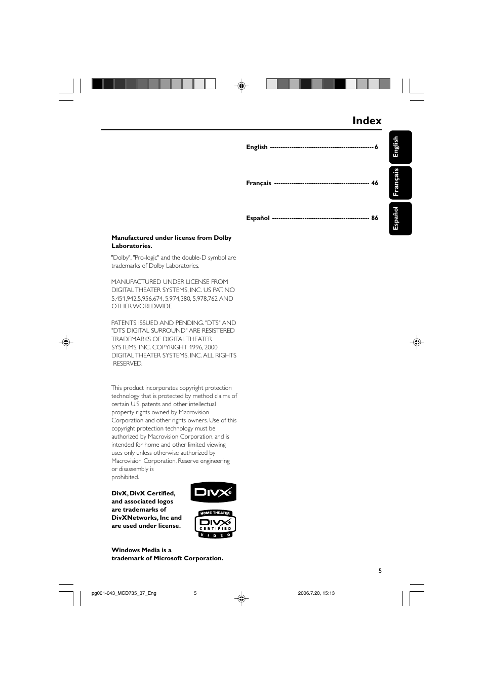 Index | Philips MCD735-37B User Manual | Page 5 / 43