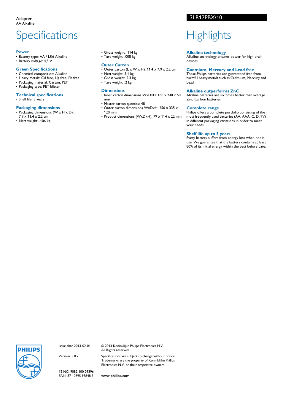 Specifications, Highlights | Philips 3LR12PBX-10 User Manual | Page 2 / 2