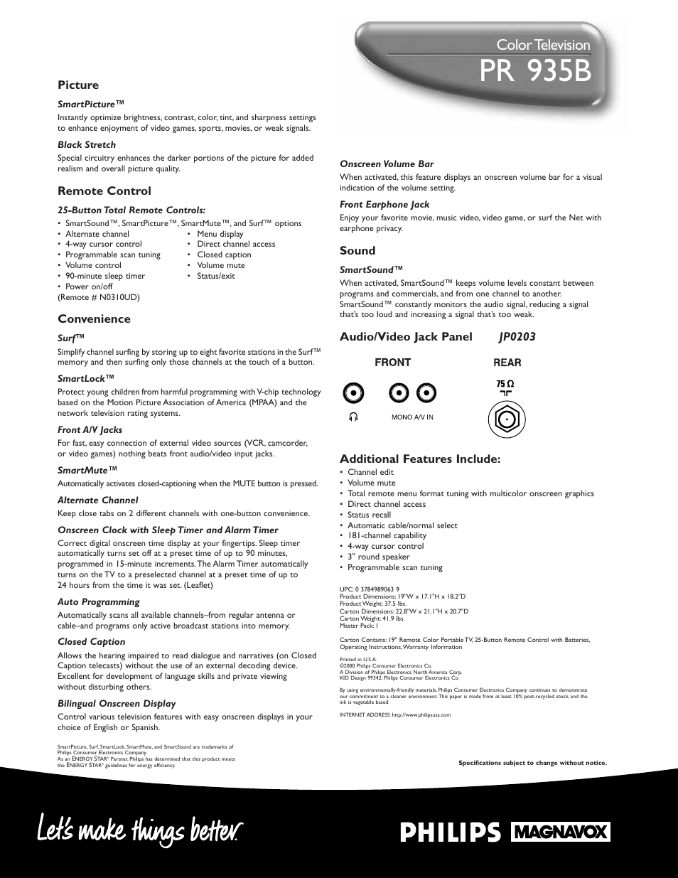 Pr 1 935b, Color television, Sound | Picture, Remote control, Convenience | Philips PR1935B User Manual | Page 2 / 2