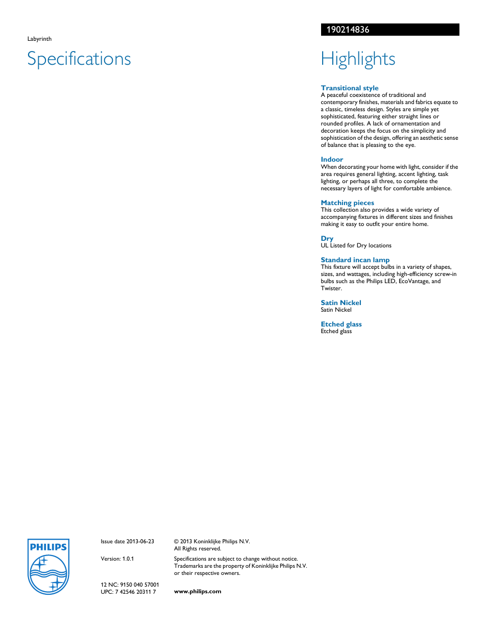 Specifications, Highlights | Philips 190214836 User Manual | Page 2 / 2