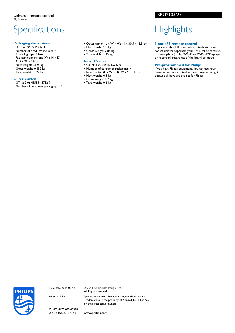 Specifications, Highlights | Philips SRU2103-27 User Manual | Page 2 / 2