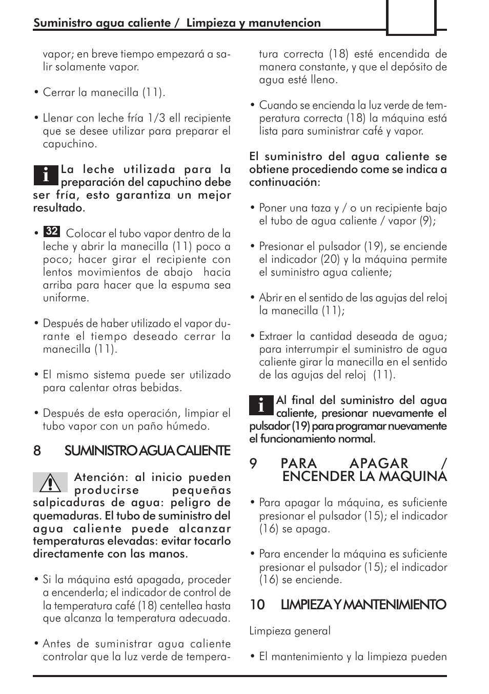 8suministro agua caliente, 9para apagar / encender la maquina, 10 limpieza y mantenimiento | Philips 741443008 User Manual | Page 87 / 132