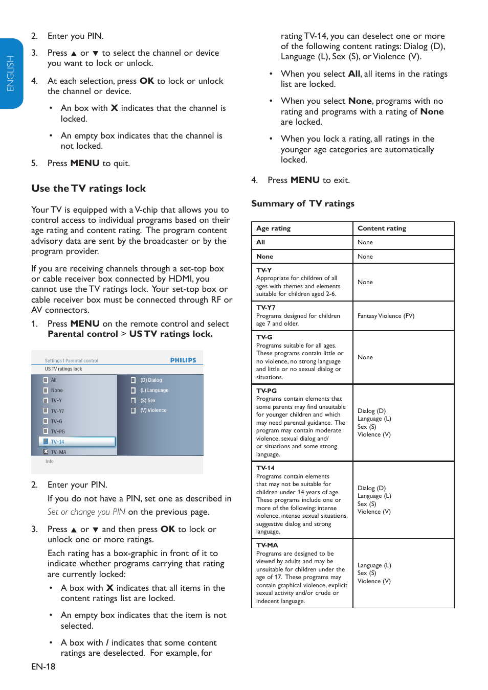 Use the tv ratings lock | Philips 32PFL3403D-27 User Manual | Page 19 / 35