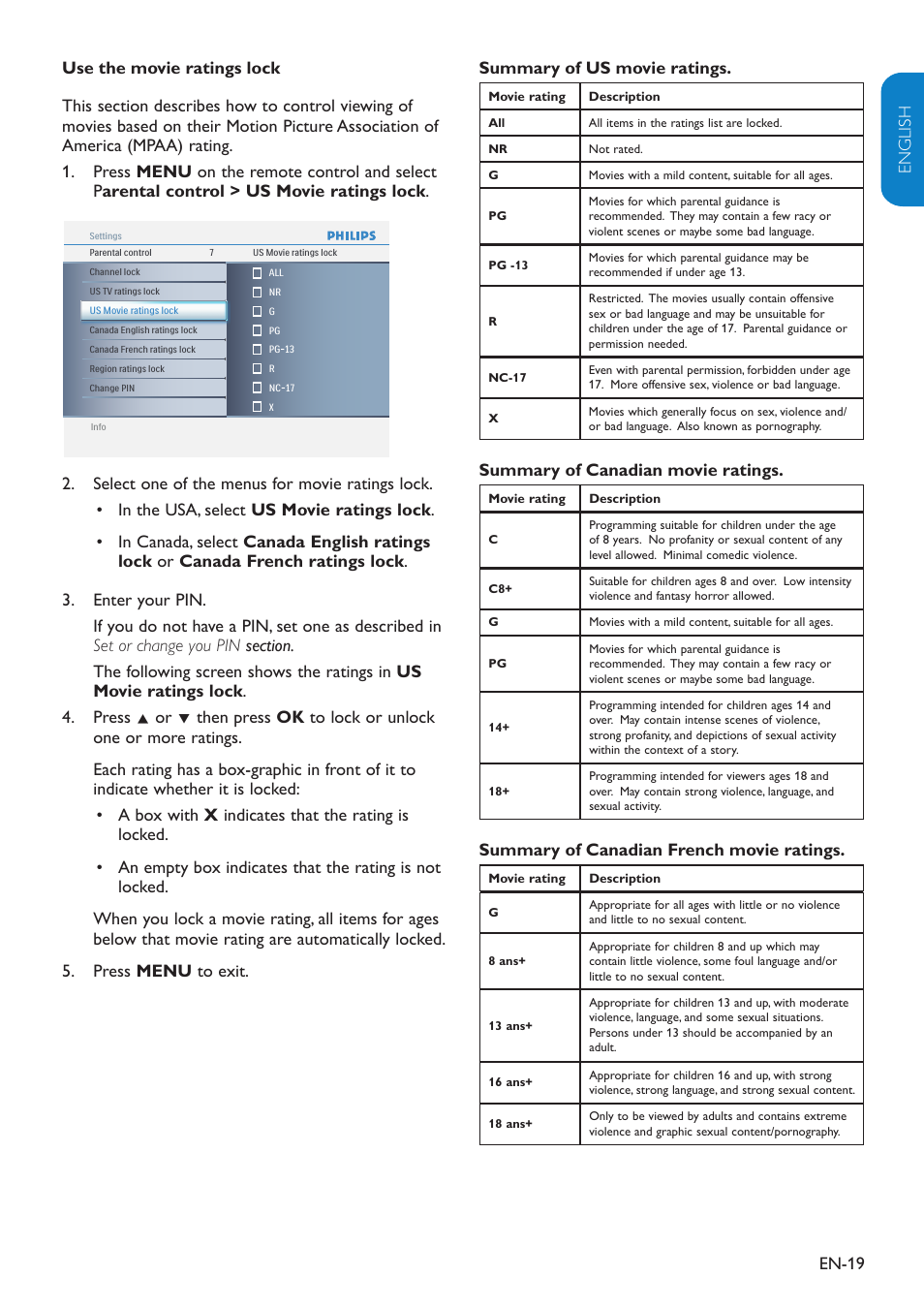 Summary of canadian movie ratings, Summary of canadian french movie ratings | Philips 32PFL3403D-27 User Manual | Page 20 / 35