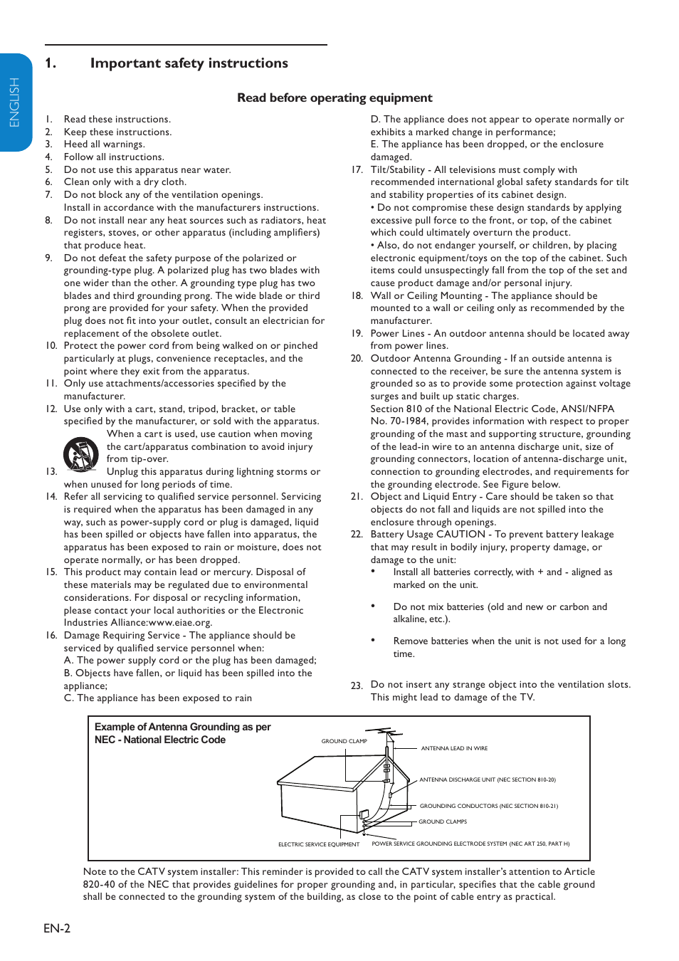 Important safety instructions 1, En-2 english française esp añol, Read before operating equipment | Philips 32PFL3403D-27 User Manual | Page 3 / 35