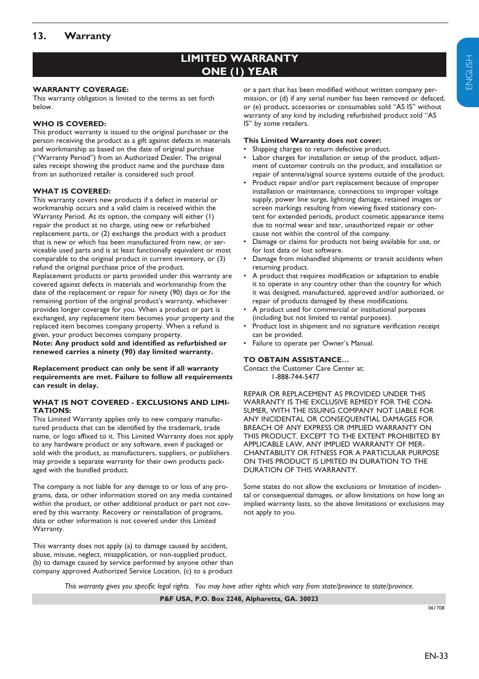 Limited warranty one (1) year, Warranty, En-33 english française esp añol | Philips 32PFL3403D-27 User Manual | Page 34 / 35