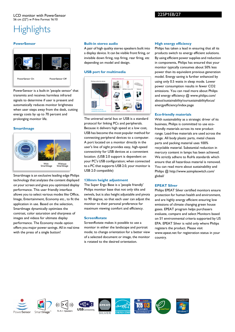 Highlights | Philips 225P1EB-27 User Manual | Page 2 / 3