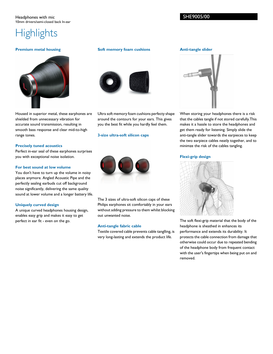 Highlights | Philips SHE9005-00 User Manual | Page 2 / 3