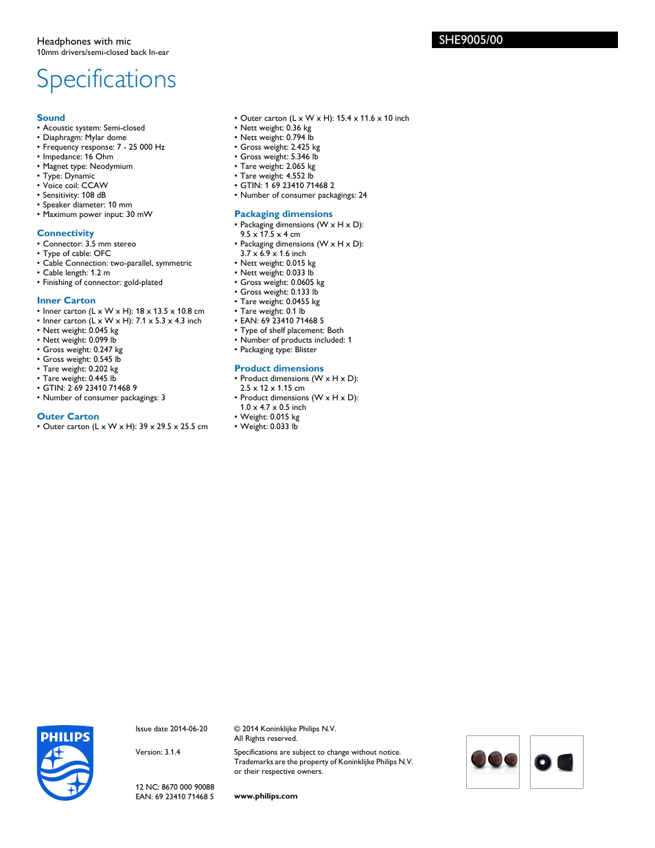 Specifications | Philips SHE9005-00 User Manual | Page 3 / 3